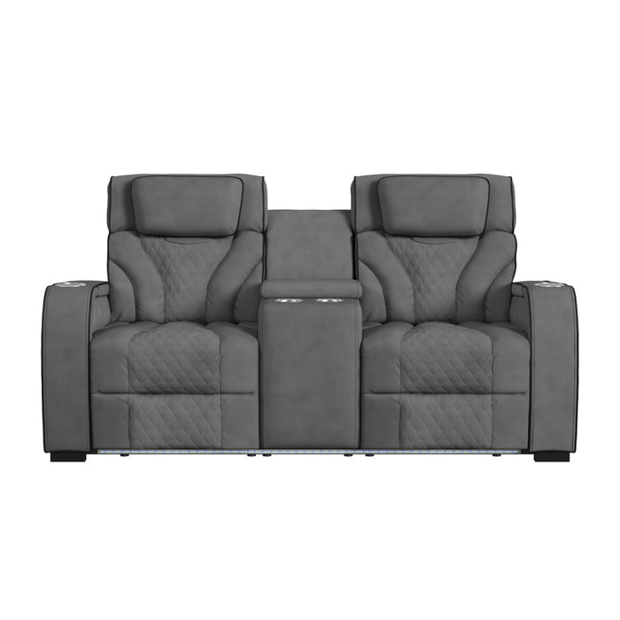Blitz - Motion Loveseat With Console, And LED - Simba Slate And Black Welt