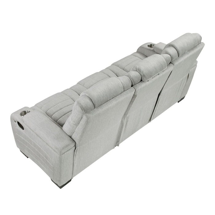 Ronan - Double Reclining Sofa With Center Drop-Down Cup Holders, Storage Arms, Cup Holders, Reading Lights, Magazine Bag, Receptacles, Charging Ports And Led - Gray