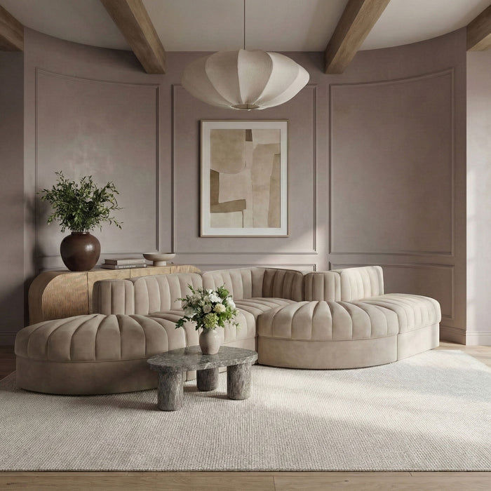 Rummi - Rounded Velvet Performance Fabric Upholstered 5 Piece Modular Sectional