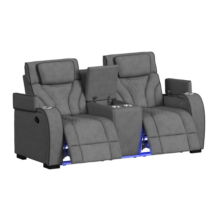 Blitz - Motion Loveseat With Console, And LED - Simba Slate And Black Welt