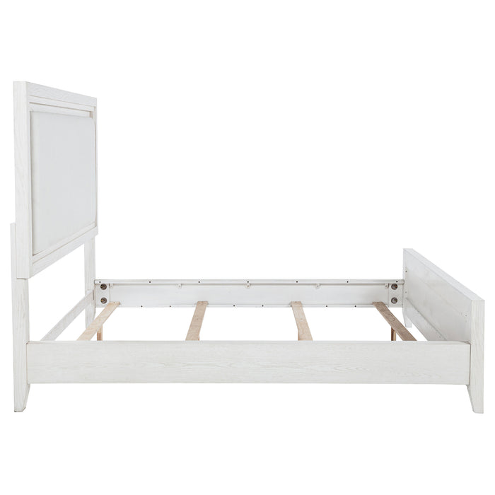 Marielle Eastern King Upholstered Panel Bed Distressed White