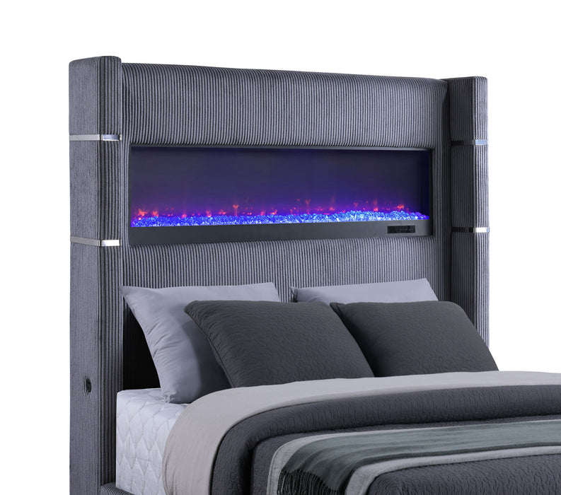 Tisdall Upholstered Queen Flame Visualizer Bed Grey
