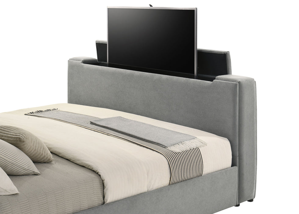 Tara 61-inch Upholstered Eastern King Panel TV Bed Grey