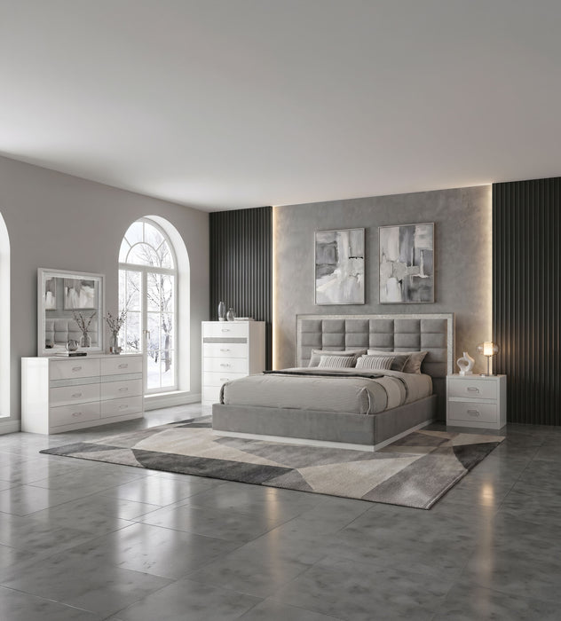Viana Eastern King Chenille Platform Bed Grey and White High Gloss
