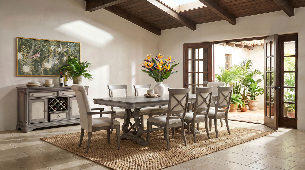 Cresswell 104-inch Double Pedestal Extension Dining Table Weathered Taupe