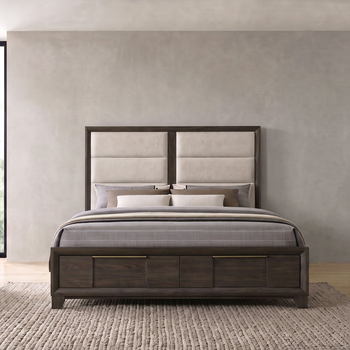 Farre Eastern King Upholstered Storage Platform Bed Dark Brown