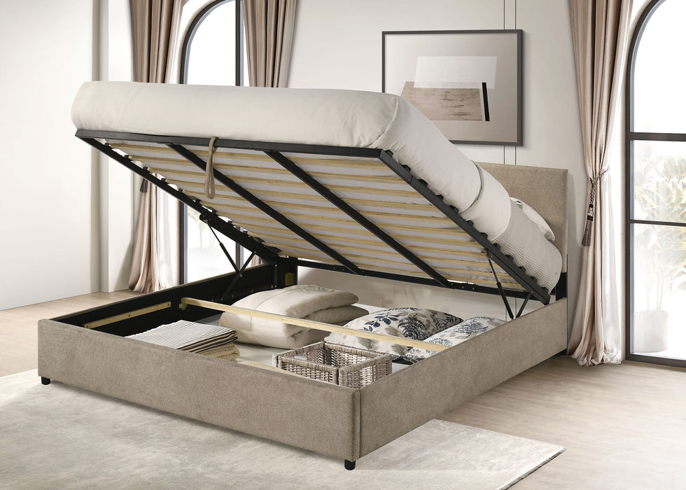 Reeves Upholstered Eastern King Lift-Top Storage Platform Bed Tan