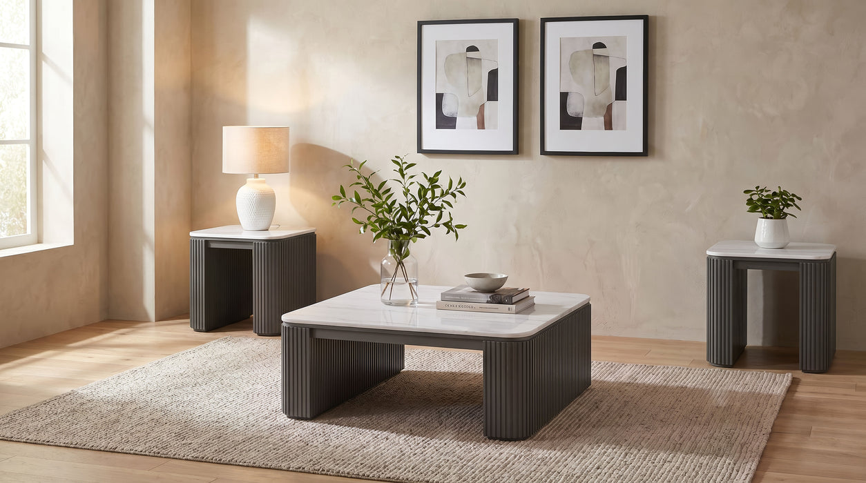 Lior 3-Piece Square Marble Top Coffee and End Table Set Charcoal