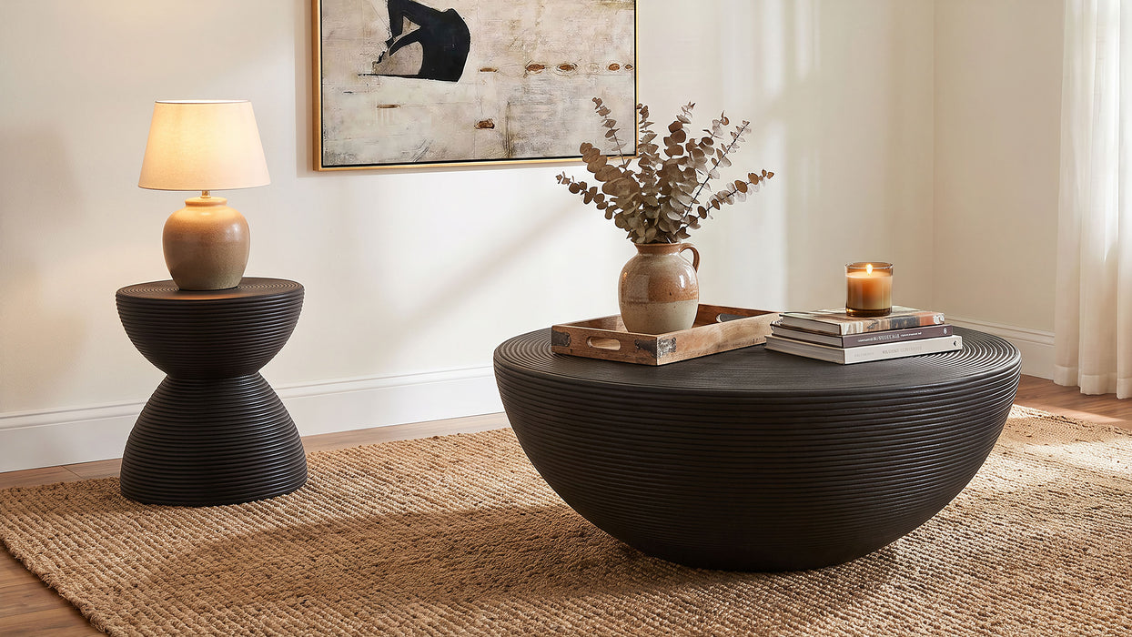 Macedo Round Ribbed Rattan Drum End Table Black